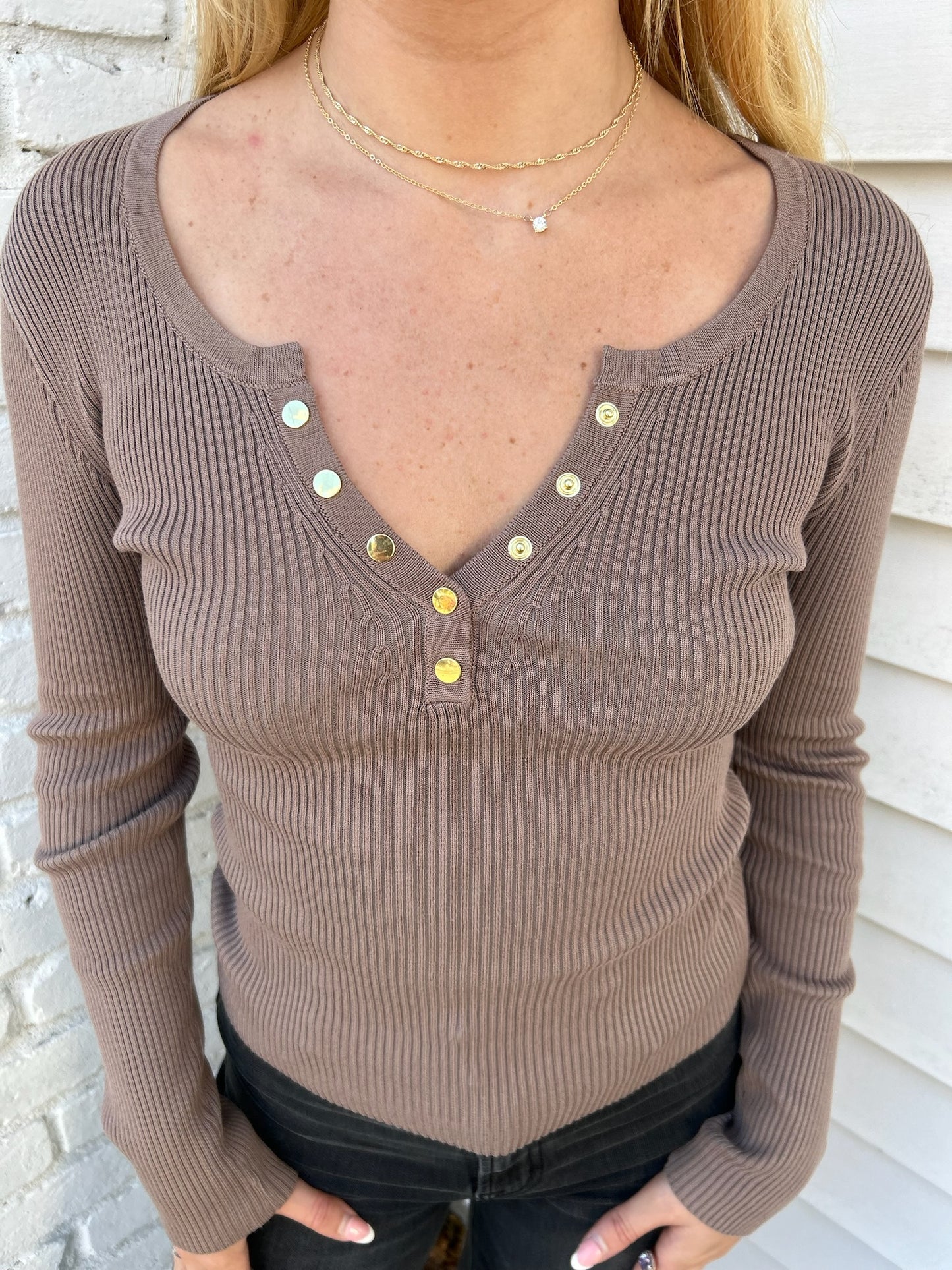 SOLID LONG SLEEVE HENLEY SWEATER