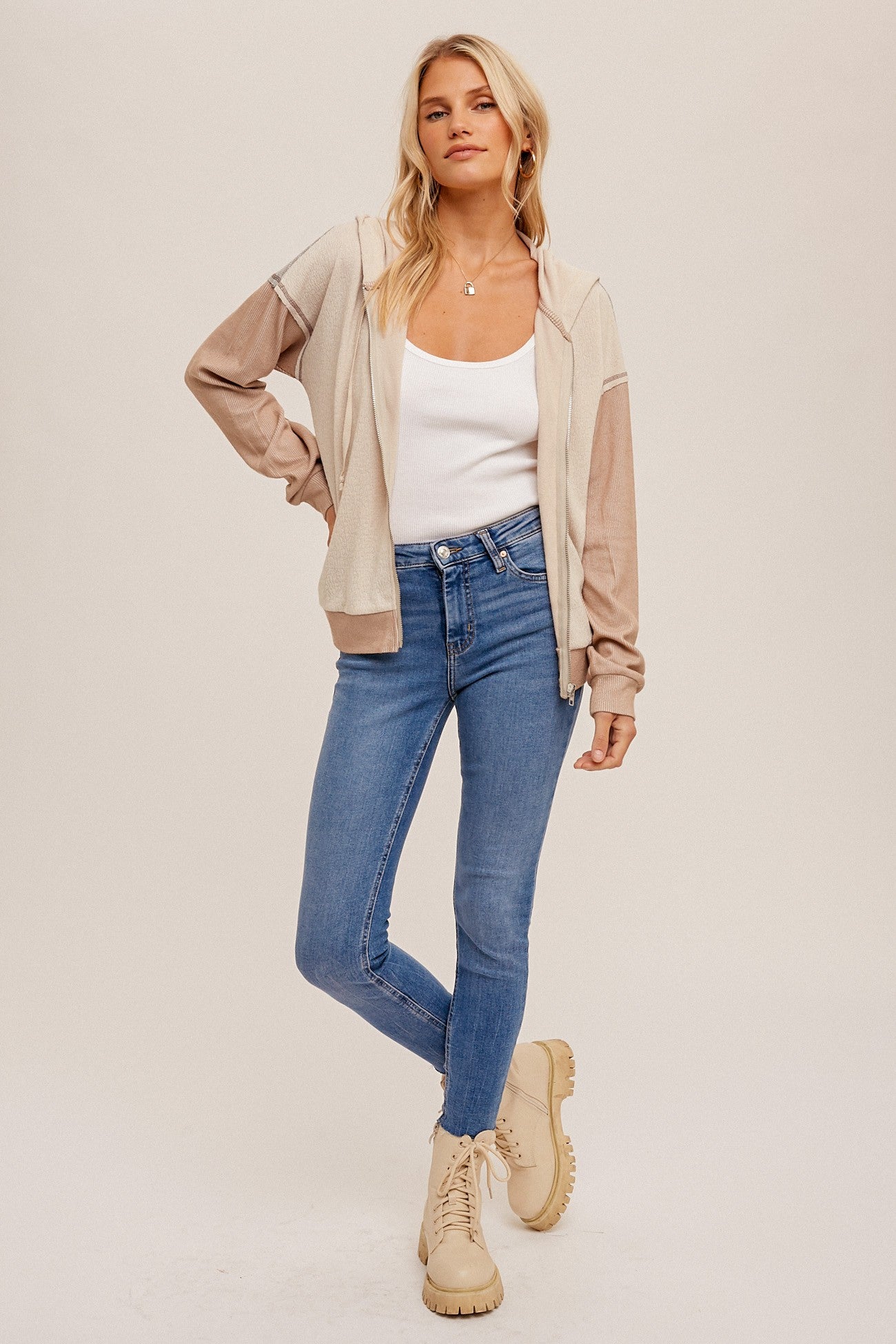 COLOR BLOCK CROP ZIP-UP HOODIE