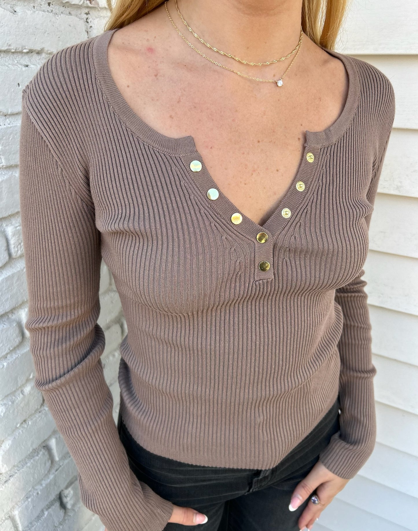 SOLID LONG SLEEVE HENLEY SWEATER