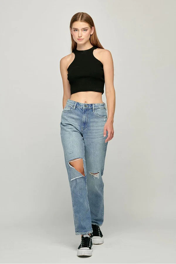 TRACEY MEDIUM WASH KNEE CUT STRAIGHT FIT
