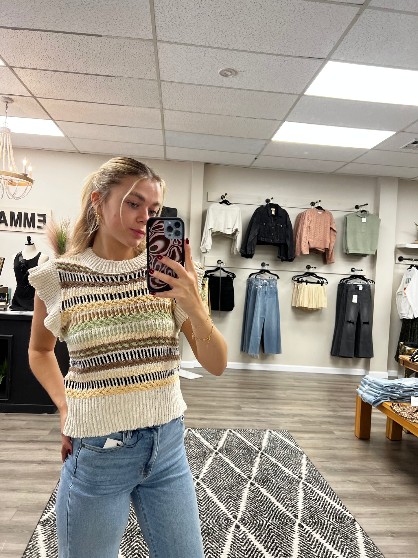 STRIPE FLUTTER SLEEVE SWEATER