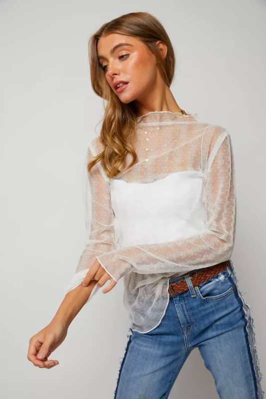 LACE TURTLE NECK DOTTED MESH TOP