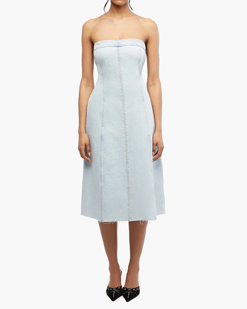 DENIM STRAPLESS MIDI DRESS