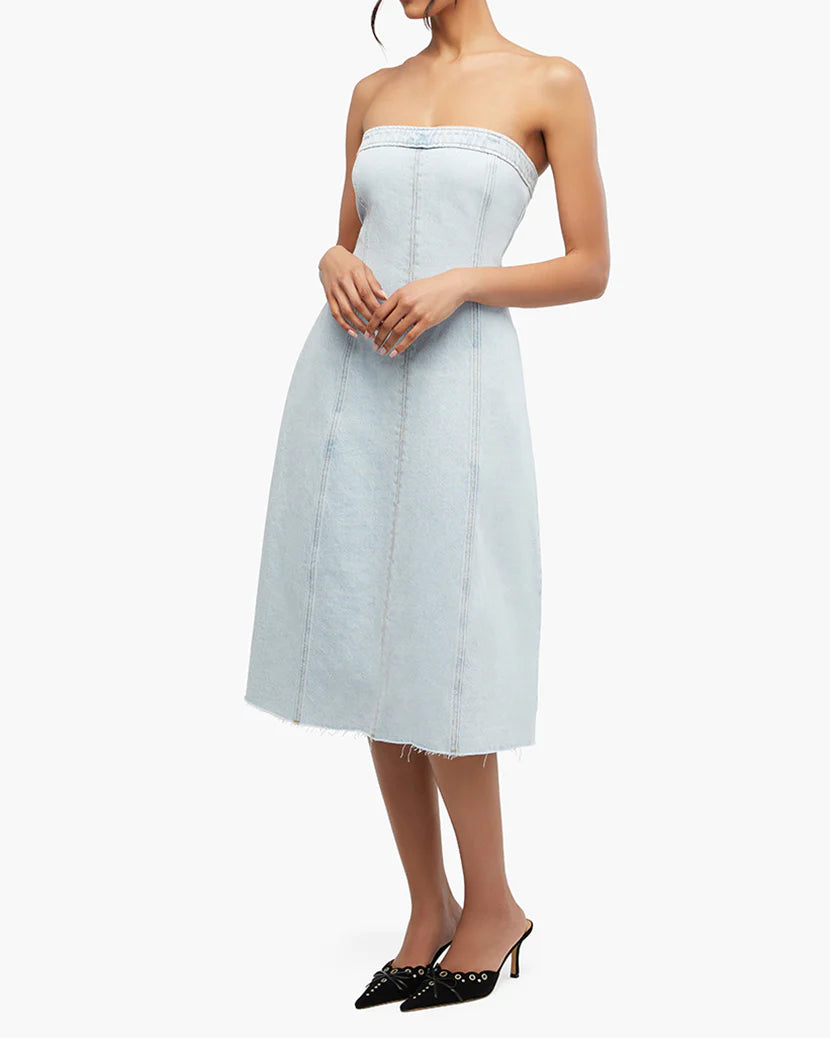 DENIM STRAPLESS MIDI DRESS