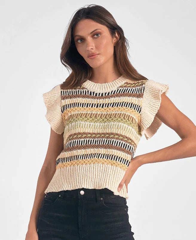 STRIPE FLUTTER SLEEVE SWEATER