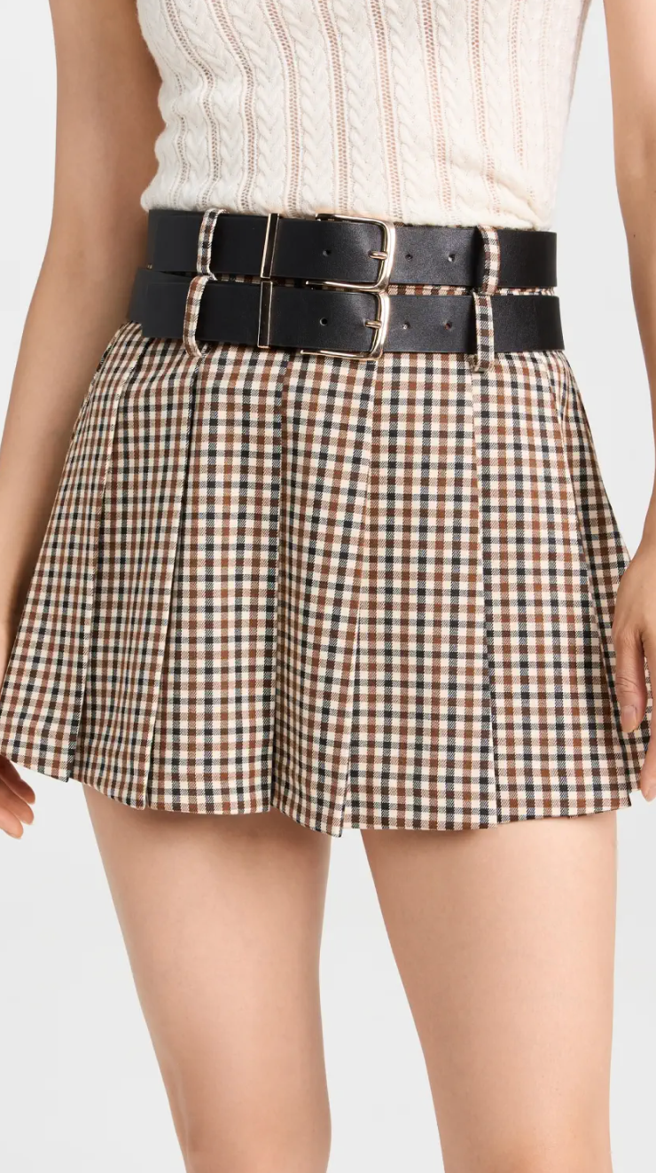 PLAID DOUBLE BELTED PLEATED MINI SKIRT