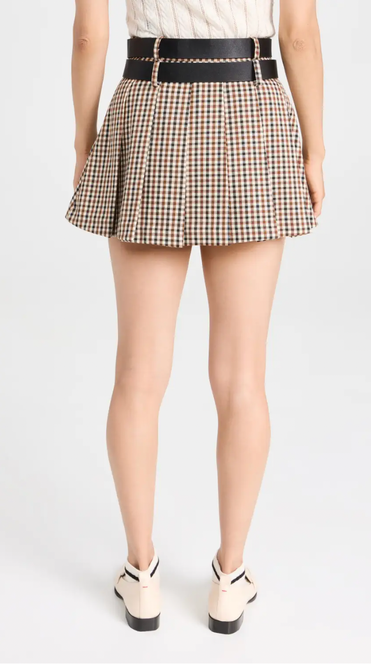 PLAID DOUBLE BELTED PLEATED MINI SKIRT