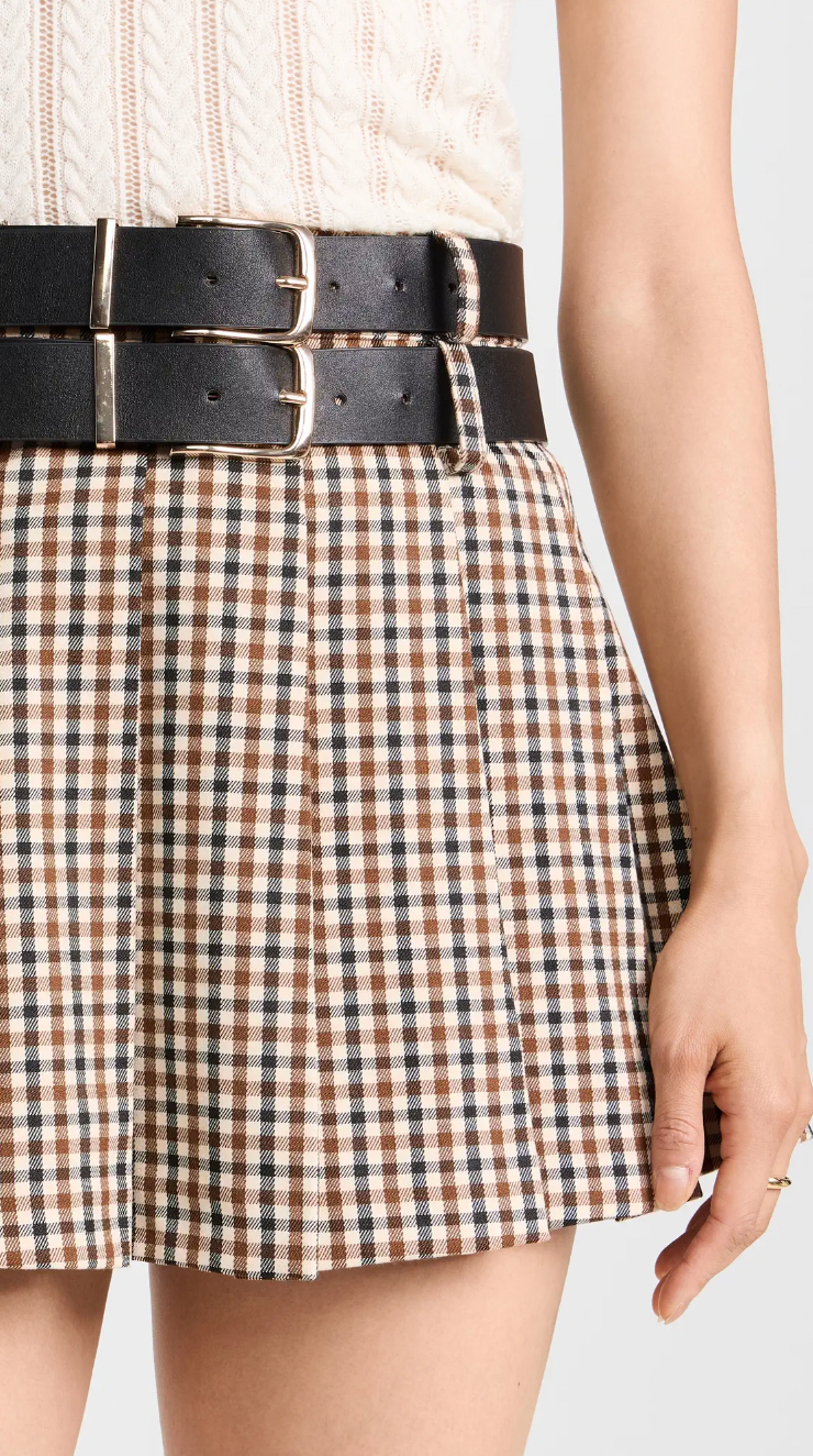 PLAID DOUBLE BELTED PLEATED MINI SKIRT