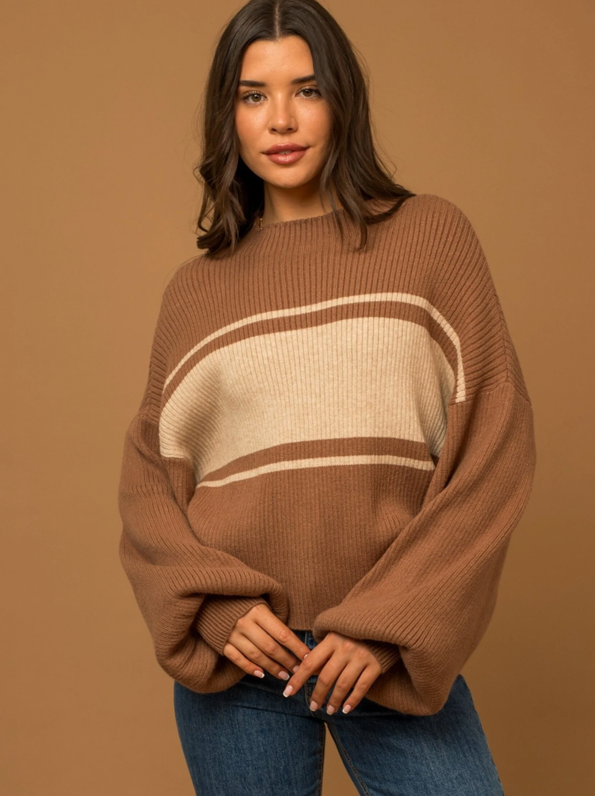 STRIPE MOCK NECK SWEATER