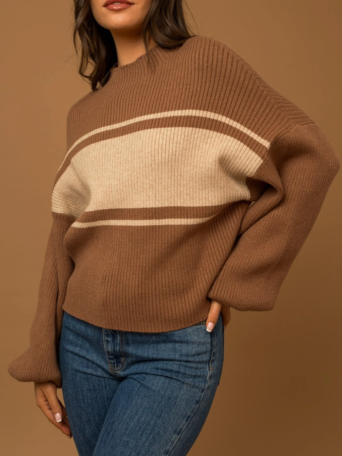 STRIPE MOCK NECK SWEATER