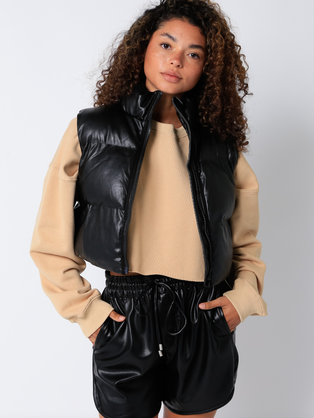 FAUX LEATHER PUFFER VEST