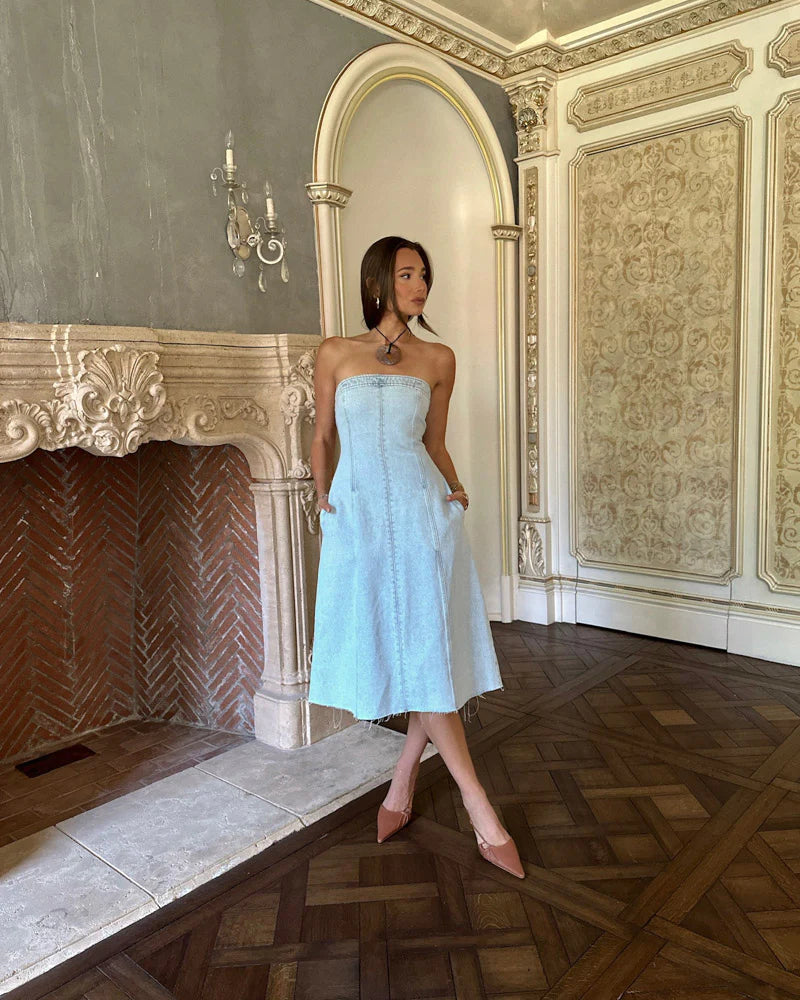 DENIM STRAPLESS MIDI DRESS