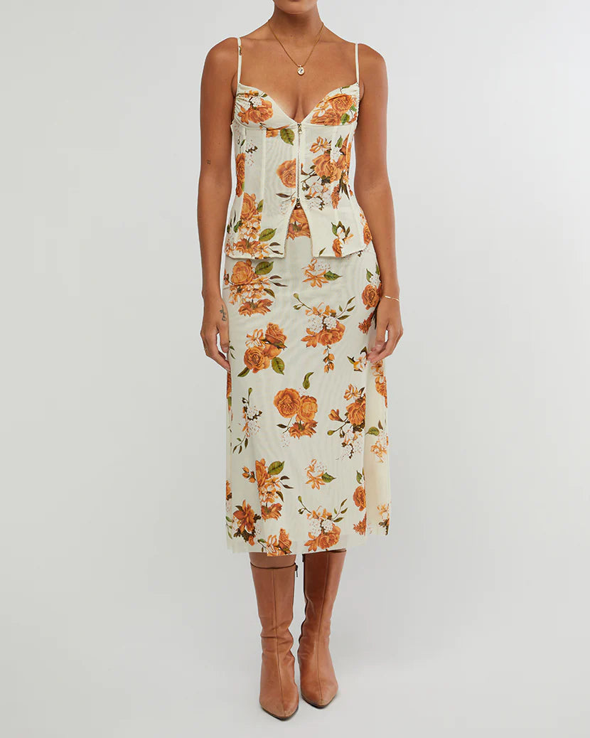 ZIP FRONT NEUTRAL FLORAL CORSET