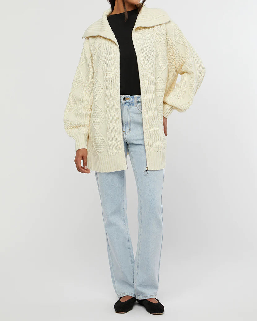 CHUNKY CABLE KNIT ZIP UP SWEATER