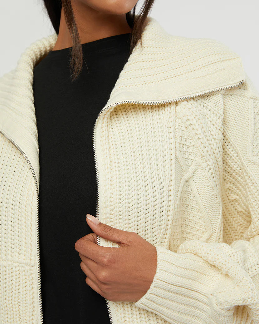 CHUNKY CABLE KNIT ZIP UP SWEATER