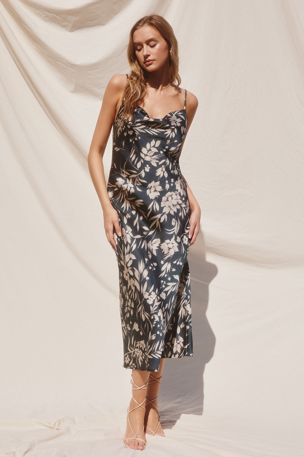 JULIA SILK COWL NECK MIDI DRESS