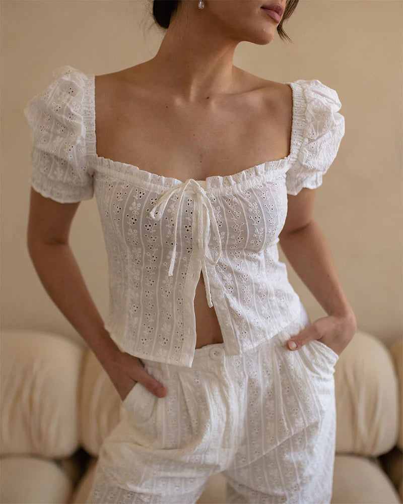 EYELET PUFF SLEEVE TOP