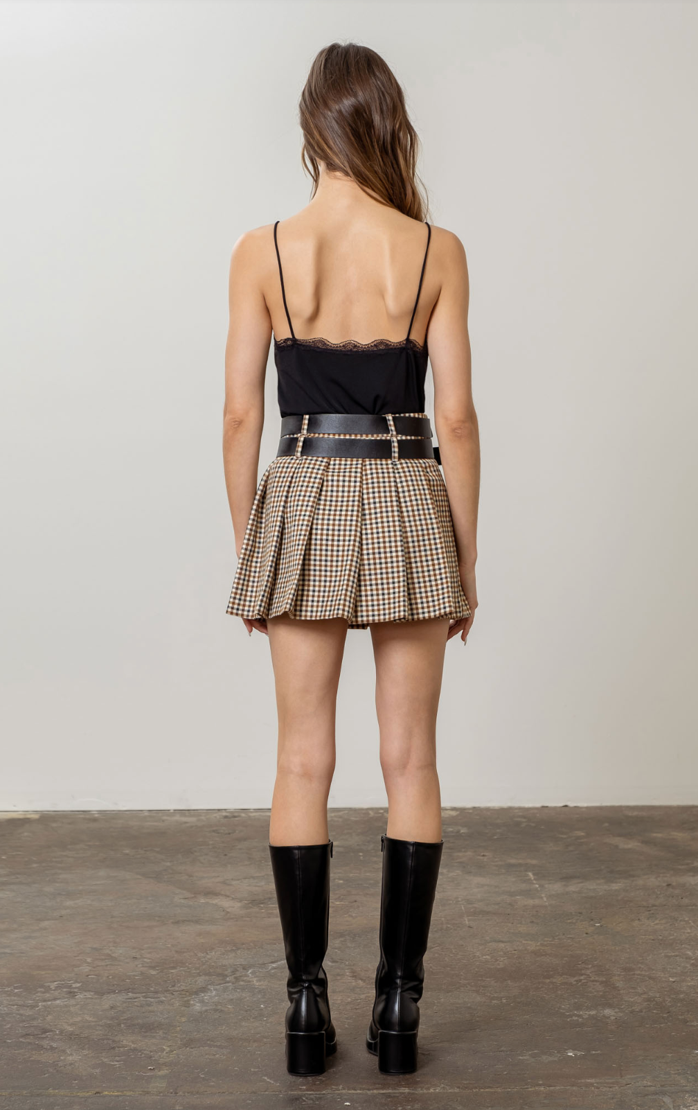 PLAID DOUBLE BELTED PLEATED MINI SKIRT
