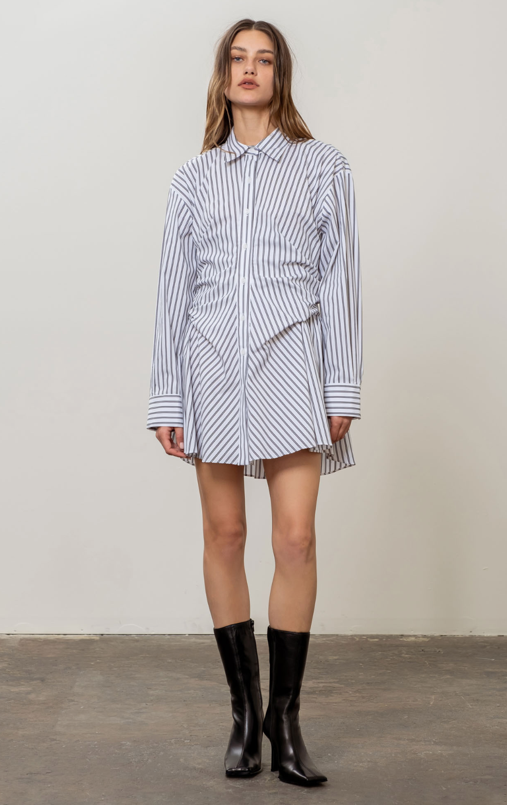 STRIPE SHIRRED RUCHED SHIRT DRESS