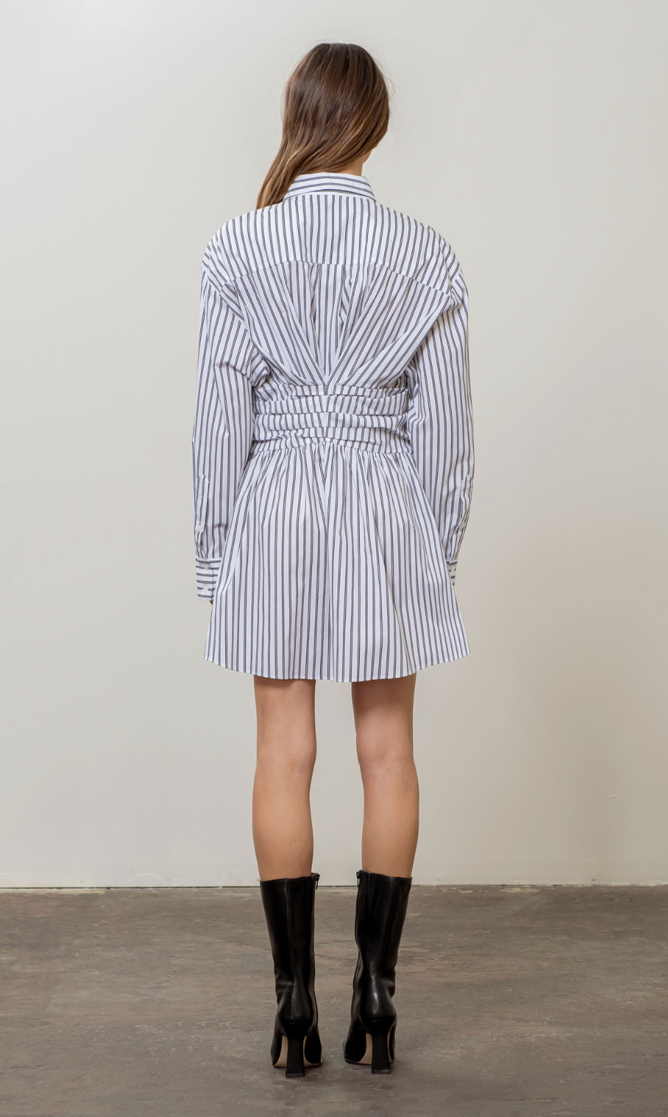 STRIPE SHIRRED RUCHED SHIRT DRESS