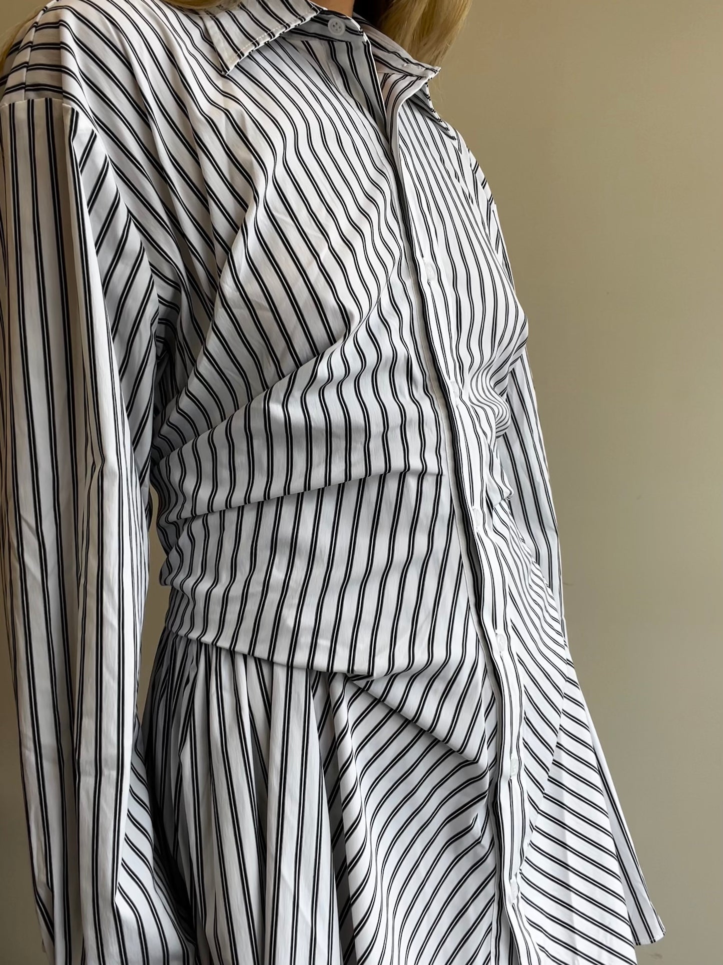 STRIPE SHIRRED RUCHED SHIRT DRESS