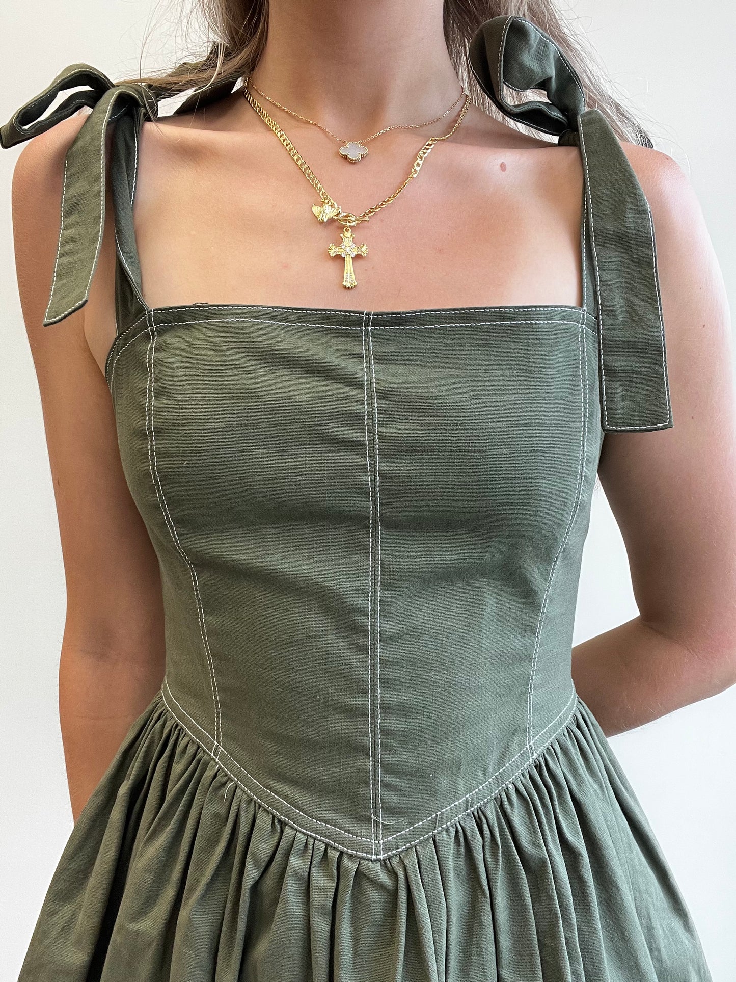 FIERCE POCKETED LINEN SHOULDER TIE MINI DRESS