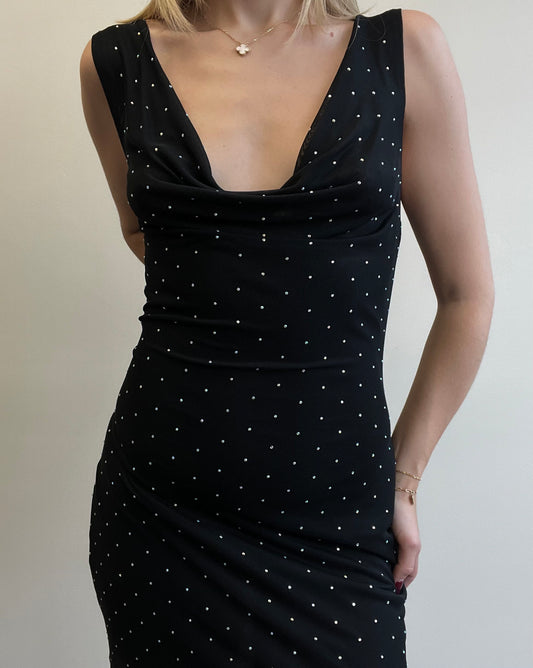 DISCO MESH RHINESTONE COWL NECK OPEN BACK MINI DRESS