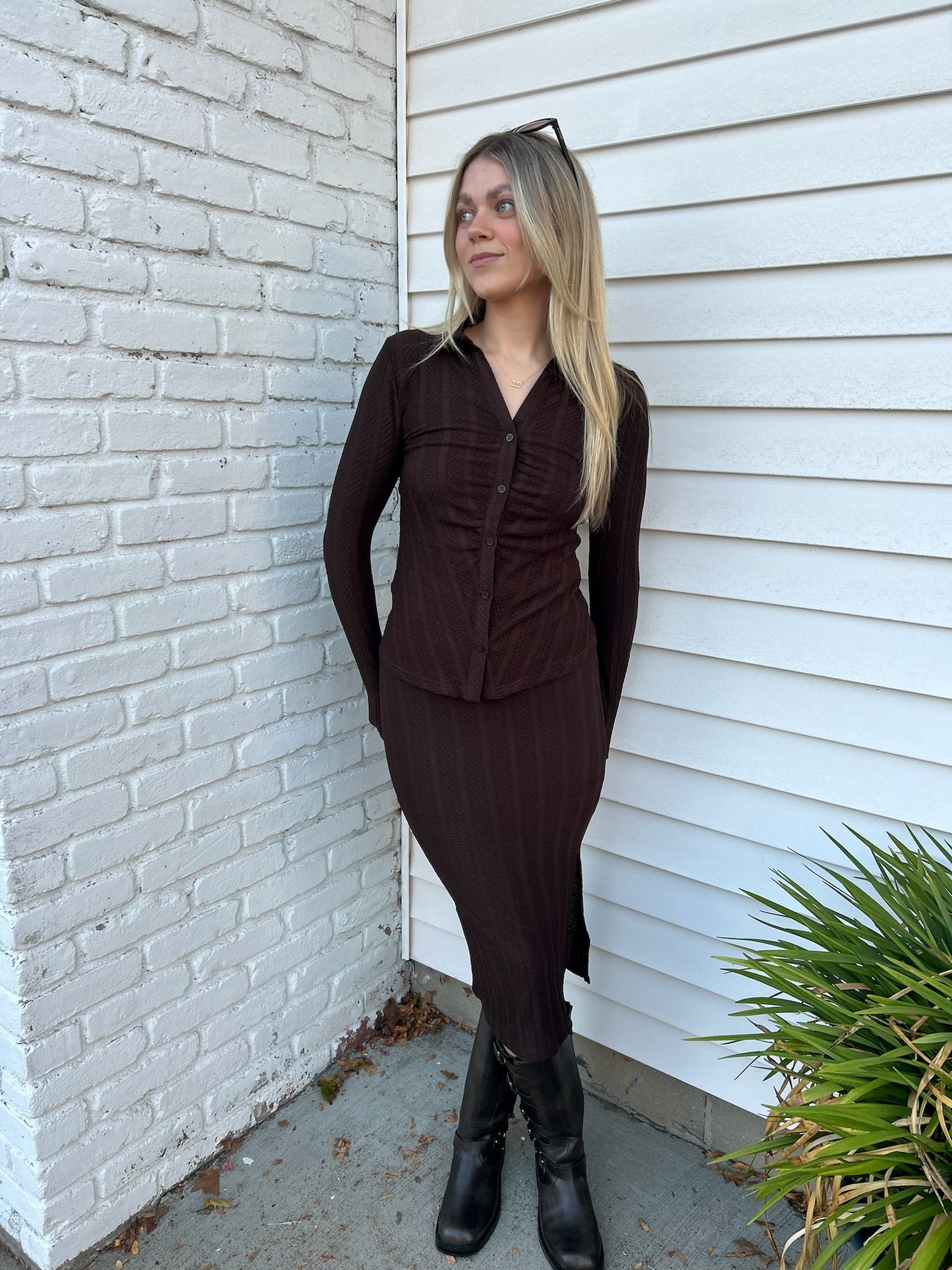 STRIPE SIDE SLIT KNIT MIDI SKIRT