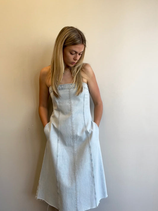 DENIM STRAPLESS MIDI DRESS