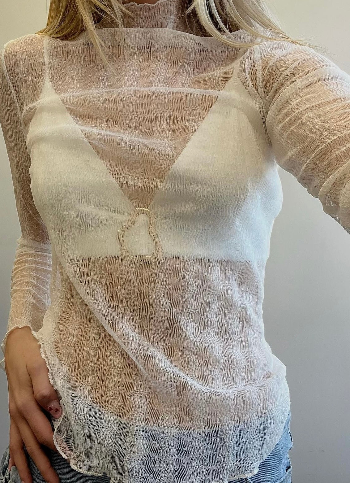 LACE TURTLE NECK DOTTED MESH TOP