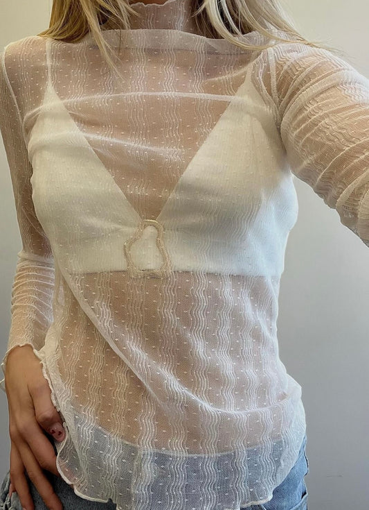 LACE TURTLE NECK DOTTED MESH TOP