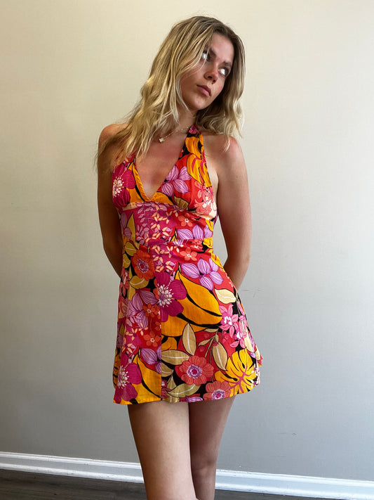 TROPICAL FLORAL HALTER MINI DRESS