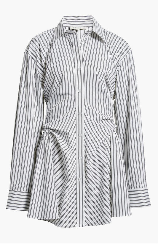 STRIPE SHIRRED RUCHED SHIRT DRESS